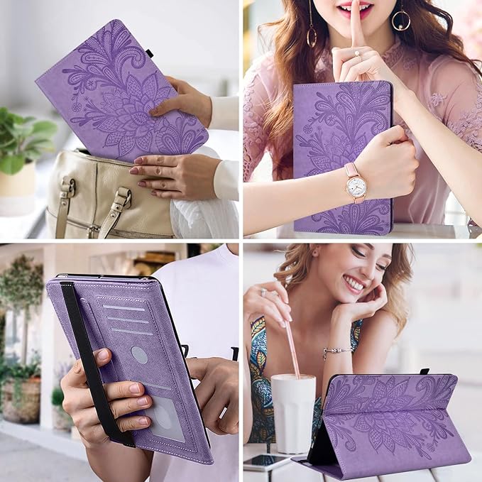 Case for Lenovo Tab M10 Plus 3rd Gen 10.6 Inch 2022 (TB125FU/128FU), Embossed Lace PU Leather Flip Folio Tablet Case with Elastic Band & Card Slots/Holder, Multi-Angle Viewing Stand Cover, Purple