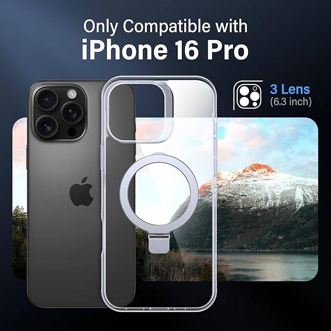Magnetic Case for iPhone 16 Pro - [Built-in Invisible Stand] [Compatible with MagSafe] [Military Grade Drop Protection] Anti-Yellowing Hard Back Silicone Edge Cover, 6.3", Clear