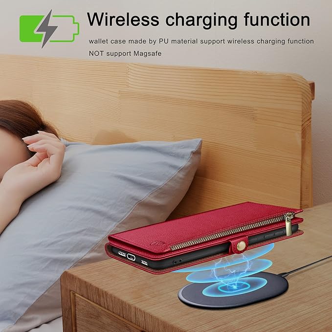 XcaseBar Compatible with iPhone 17 6.3" Wallet case with Zipper Credit Card Holder【RFID Blocking】,Flip Folio Book PU Leather Phone case Shockproof Cover Women Men for Apple 17 case Red