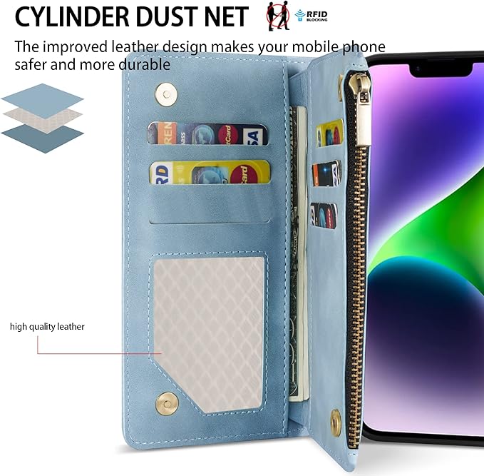 ZZXX for iPhone 14 Plus Case Wallet with [RFID Blocking] Card Slot Premium PU Leather Zipper Flip Folio with Wrist Strap Kickstand Protective Cover for iPhone 14 Plus Wallet Case(Light Blue-6.7 inch)