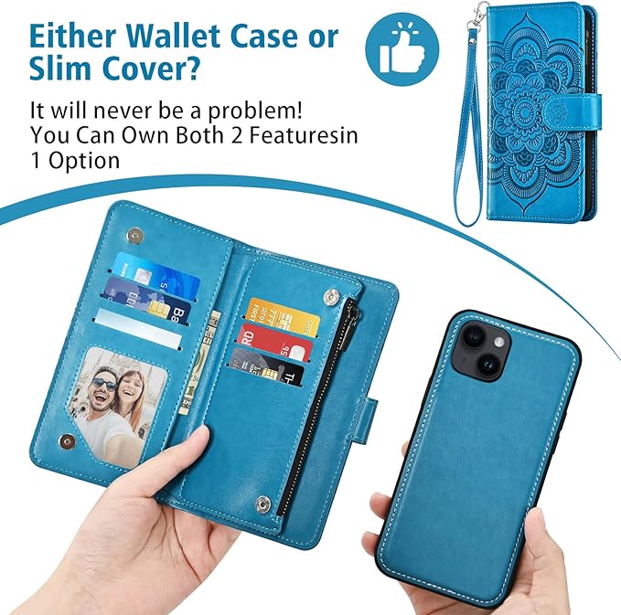 Asuwish Phone Case for iPhone 14 6.1 inch Zipper Wallet Detachable Cell Cover with Tempered Glass Screen Protector Crossbody Strap Flower Card Holder iPhone14 5G i i-Phone i14 14Case Women Girls Blue