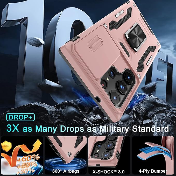 DEERLAMN Case for Samsung Galaxy S25 Ultra with Slide Camera Cover+Screen Protector (1 Pack), Rotated Ring Kickstand Military Grade Shockproof Protective Cover-Rose Gold