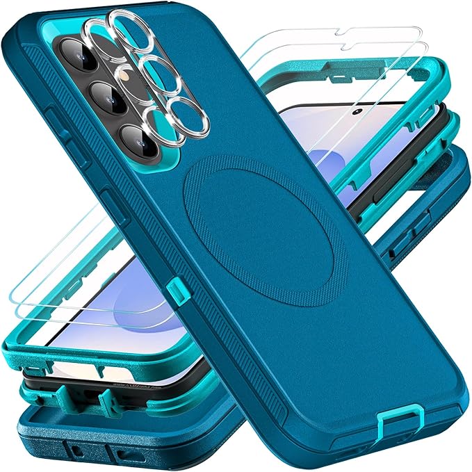 for Samsung Galaxy S25 Case, ONLY, [NOT FIT S25 Edge/S25 Plus/S25 Ultra], Compatible with Magsafe, with 2Pcs Tempered Glass Screen Protector & Camera Lens Protector (New-Blue/Turquoise)