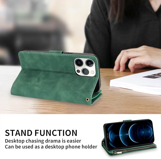 ZZXX for iPhone 12 Pro Max Wallet Case with Card Slot Premium Soft PU Leather Zipper Flip Folio Wallet with Wrist Strap Kickstand Protective for iPhone 12 Pro Max Case Wallet(Green 6.7 inch)