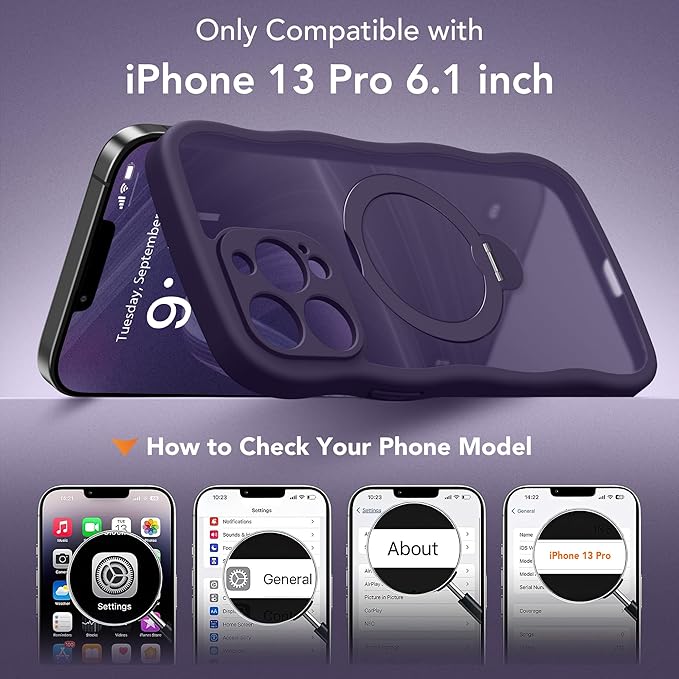 GolbinBox for iPhone 13 Pro Case for Women,[Compatible with Magsafe][360° Spin Magnetic Stand][Cute Wave Edge][Military-Grade Protection] Translucent Matte Phone Case for iPhone 13 Pro, Dark Purple