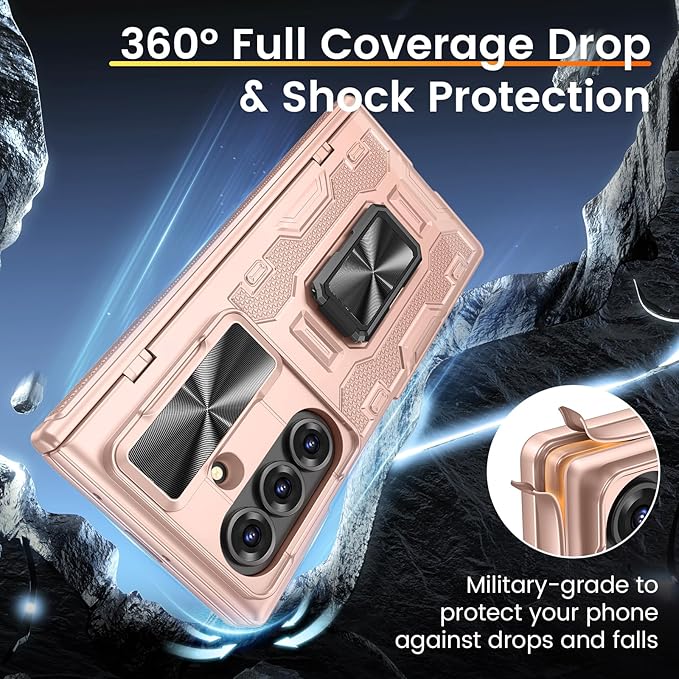 VEGO for Samsung Galaxy Z Fold 7 Case with Stand[Built in Screen Protector & Slide Lens Cover]Hinge Protection Hard Shell Rugged Kickstand Full Body Protective Phone Case for Z Fold 7 2025 - Rose Gold