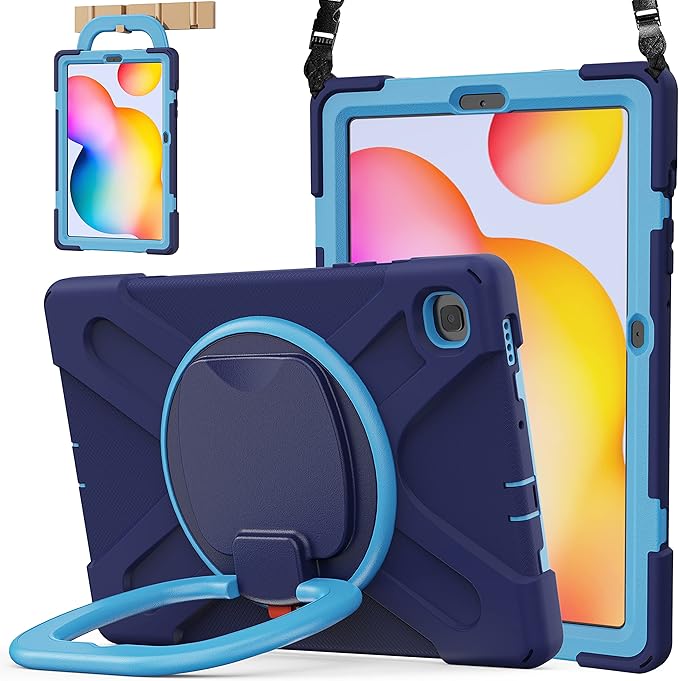BATYUE Case for Samsung Galaxy Tab S6 Lite 10.4 Inch 2024/2022/2020 (SM-P610/P613/P615/P619/P620), Protective Case with Shoulder Strap, 360° Swivel Stand, Shockproof Drop; for Kids - Navy Blue