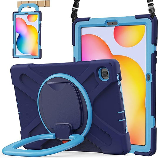 BATYUE Case for Samsung Galaxy Tab S6 Lite 10.4 Inch 2024/2022/2020 (SM-P610/P613/P615/P619/P620), Protective Case with Shoulder Strap, 360° Swivel Stand, Shockproof Drop; for Kids - Navy Blue
