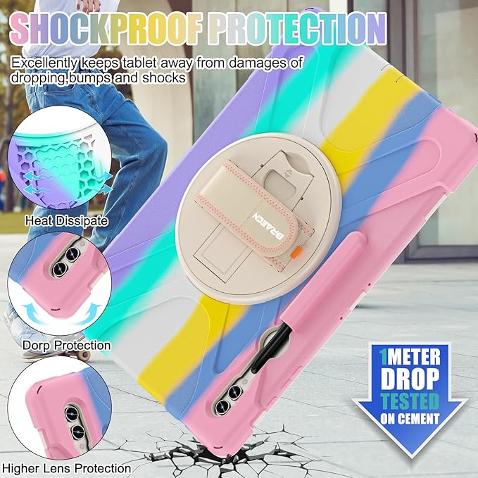 BRAECNstock Kids Case for Samsung Galaxy Tab S10 Ultra/S9 Ultra/S8 Ultra 14.6" 2024/2023/2022 Shockporoof Samsung Tablet 14.6 inch Case with Pen Holder Rotating Hand Strap & Stand - Colorful Pink