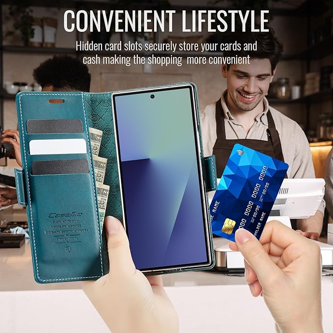 for Samsung Galaxy Z Fold 7 Case, Flip Wallet Leather Case with Card Holder Magnetic Closure Shockproof Kickstand Protective Phone Cases Cover for Galaxy Z Fold 7, Blue-Green