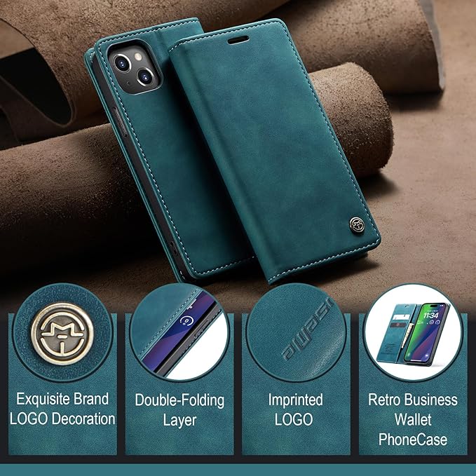 for iPhone 15 Plus Case, Flip Wallet Leather Case with Card Holder Magnetic Closure Shockproof Kickstand Protective Phone Cases Cover for iPhone 15 Plus, Blue-Green
