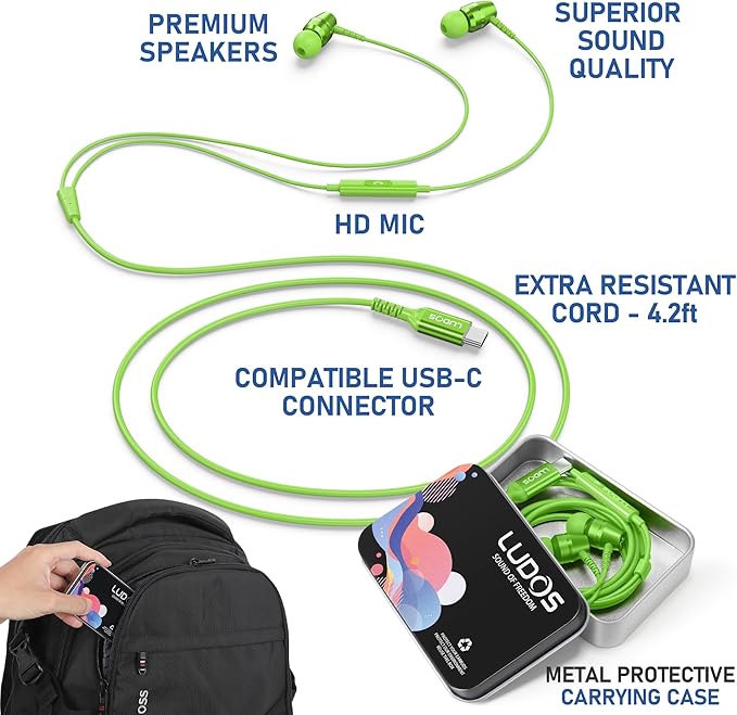 LUDOS OMNITONE USB C Headphones for iPhone 16 15 Pro Max Plus iPad Pro, 5 Years Warranty, USB-C Earbuds for Samsung Galaxy S24 S23 Ultra S22 S21 S20 A55 A54 A53, USB Type C Earphones - Green