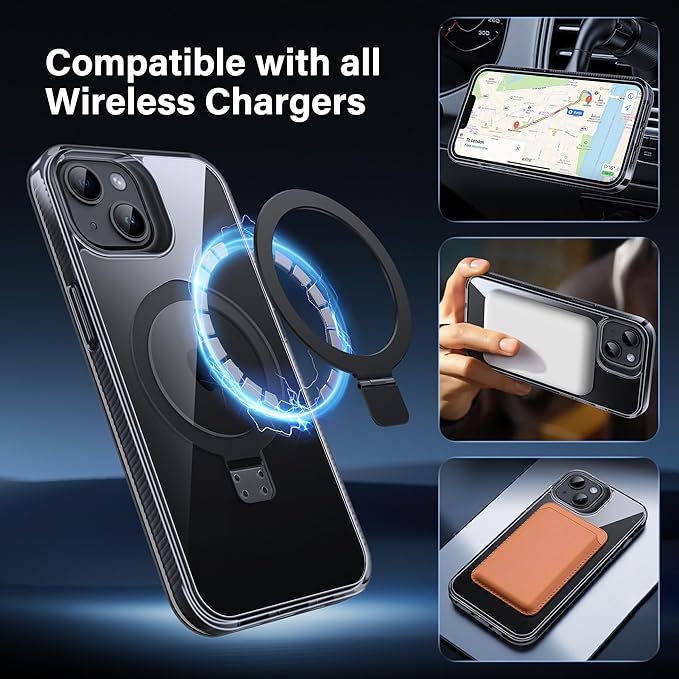 Magnetic Case for iPhone 13/14 - [Built-in Invisible Stand] [Compatible with MagSafe] [Military Grade Drop Protection] Anti-Yellowing Hard Back Silicone Edge Cover, 6.1", Clear Black