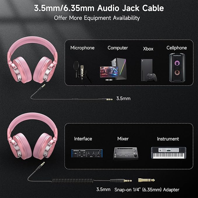 Wired Over Ear Headphones, Studio Monitor & Mixing DJ Headphones with 50mm Neodymium Drivers and 1/4 to 3.5mm Jack for Guitar AMP Podcast Piano Keyboard (Pink)