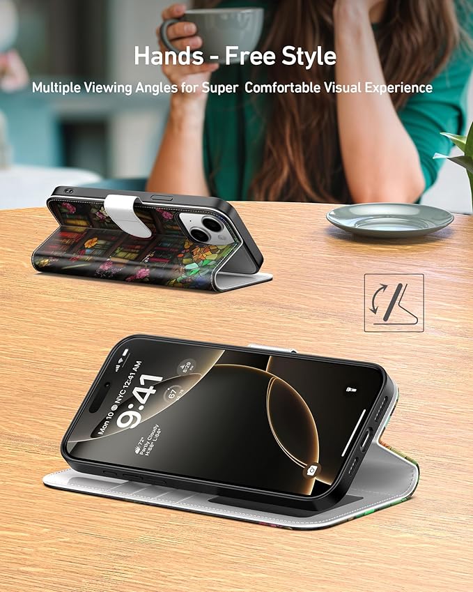 DEENAKIN for iPhone 15 Wallet Case with Card Holder + Cash Clip, RFID-Blocking, Military-Grade Drop Protection, Magnetic Closure with Leather Kickstand - Bookshelf Flowers