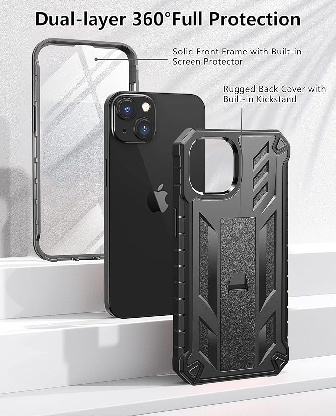 for iPhone 13/14 Protective Case: for iPhone 16e Cover with Built-in Kickstand | Heavy Duty Military Grade Hard Protection Shock Proof | Durable Dual-Layer Design Black
