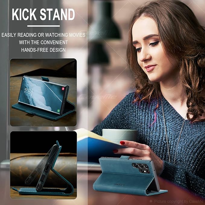 for Samsung Galaxy S22 Ultra Case, Flip Wallet Leather Case with Card Holder Magnetic Closure Shockproof Kickstand Protective Phone Cases Cover for Samsung S22 Ultra,Blue-Green