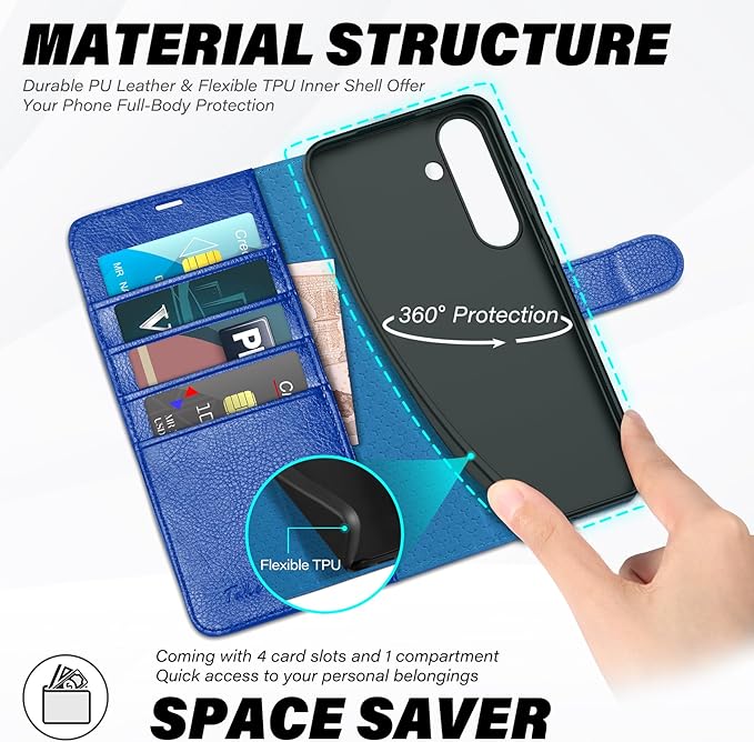 TUCCH Case Wallet for Galaxy S25 FE 5G, Magnetic Kickstand RFID Blocking 4 Card Slot Folio PU Leather Protective Flip Cover with TPU Shockproof Inner Shell (6.7") 2025, Klein Blue