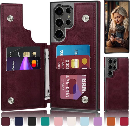 DJDUCK Designed for Samsung Galaxy S25 Ultra Case Wallet with Card Holder, [Magnetic Clasp Cover] [RFID Blocking Leather Protection] Shockproof Women Men Cases for Samsung S25 Ultra Wine Red