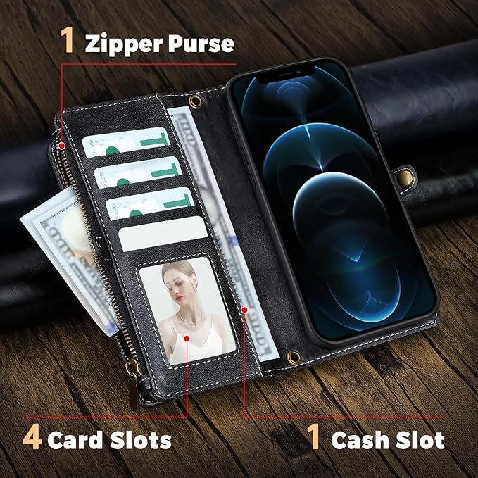 for iPhone 11 Pro Max Wallet Phone Case with 8 Card Holder,RFID Blocking | PU Leather | Kickstand | Flip | Wrist Strap&Shoulder Strap | Shockproof | Zipper Wallet | Women Men | 6.5" | Black