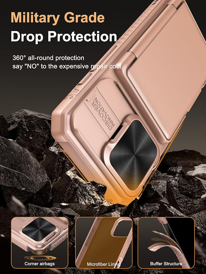 Vihibii for iPhone 16 Pro Case Wallet with Card Holder (4 Cards) [RFID Blocking] & Slide Camera Cover, Military Grade Drop Protection, Rugged Back & Silicone Edge Phone Cover, 6.3" 2024, Rose Gold