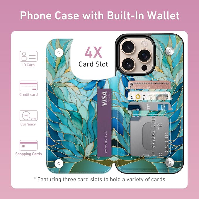 FUNMIKO for iPhone 16 Pro Max Wallet Case with Card Holder, RFID-Blocking, Military-Grade Protection & UV-Printed Artwork, Magnetic Closure with Leather Kickstand - Sleek Cyan Leaf