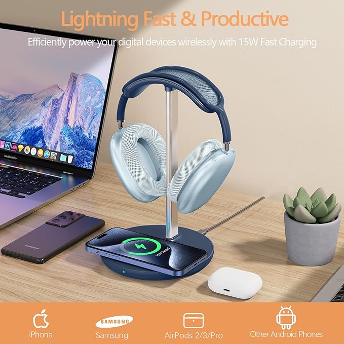 Headphone Stand with Wireless Charger, Gaming Headset Holder Hanger Rack 2 in 1 Wireless Charging Station Dock for iPhone 15/14/13/12/11 Series, Samsung, AirPods Pro/3/2, Aluminum Alloy Rod, Navy Blue