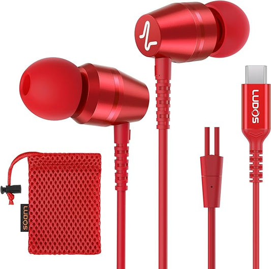LUDOS OMNITONE USB C Headphones for iPhone 16 15 Pro Max Plus iPad Pro, 5 Years Warranty, USB-C Earbuds for Samsung Galaxy S24 S23 Ultra S22 S21 S20 A55 A54 A53, USB Type C Earphones - Red
