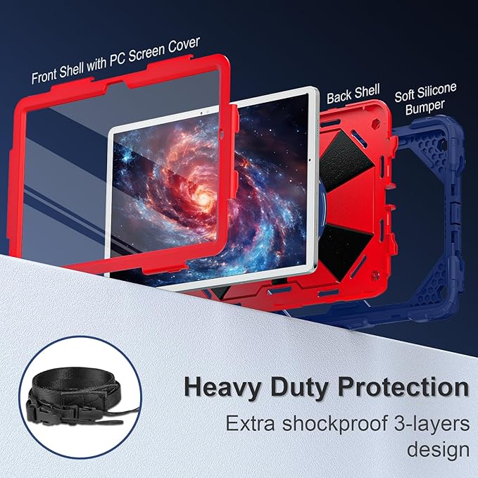 for Galaxy Tab A9 Plus Case 11 Inch, Rugged Case for Samsung Galaxy A9+ Tablet with Screen Protector 360 Rotating Stand Shoulder Strap Pen Holder, 2023 Model(SM-X210/X216/218), Navy Red