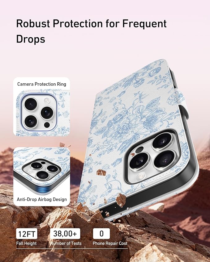 DEENAKIN for iPhone 15 Pro Wallet Case with Card Holder + Cash Clip, RFID-Blocking, Military-Grade Drop Protection, Magnetic Closure with Leather Kickstand - Blue Floral Design