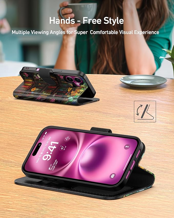 DEENAKIN for iPhone 16 Wallet Case with Card Holder + Cash Clip, RFID-Blocking, Military-Grade Drop Protection, Magnetic Closure with Leather Kickstand - Bookshelf Flowers