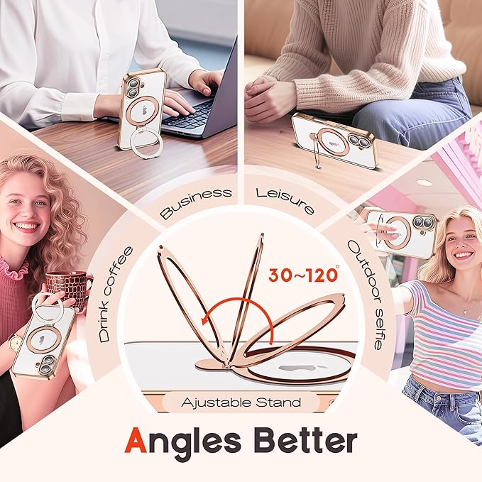 Compatible with Clear iPhone 16 Case with Magnetic Stand [Compatible with Mag-Safe][Full Camera Len Protectors] Shockproof Plating Phone Case for iPhone 16 6.1’’,Desert Gold