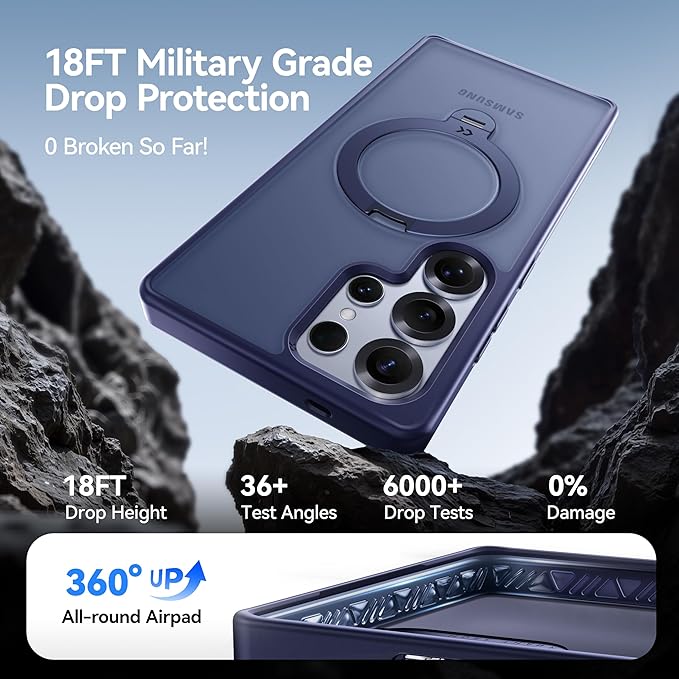 CASEKOO Patented 360° Spin Magnetic Stand for Samsung Galaxy S25 Ultra Case [18FT Military Drop Protection] [Compatible with MagSafe] Matte Translucent Slim S25 Ultra Case 6.9'' 2025, Blue