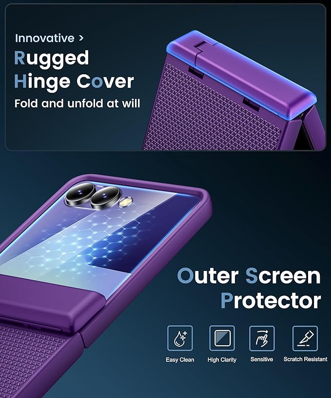 Vihibii for Samsung Galaxy Z Flip 7 Slim Case with Stand & Hinge Protection & Outer Screen Protector & Non-Slip Texture, Shockproof Durable Phone Case for Samsung Galaxy Z Flip 7 5G 2025, Dark Purple