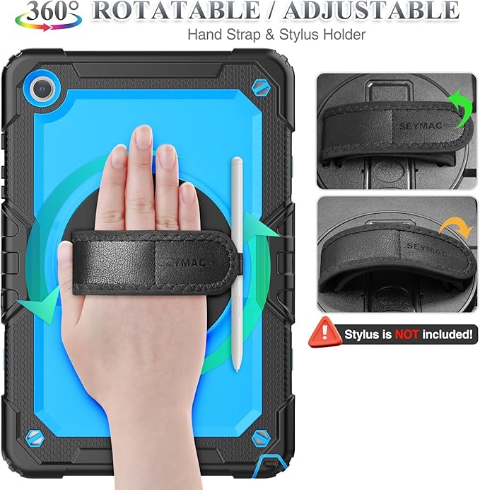 SEYMAC stock Case for Samsung Galaxy Tab A9+ Plus 11'', Full-Body Drop Protection Case with Screen Protector Pencil Holder [360° Rotating Hand Strap] &Stand, SkyBlue+Black