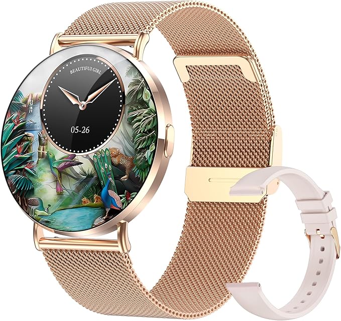 Welfit Smart Watch for Women (2 Straps),1.32-inch AMOLED Ultra Clear Screen Fitness Tracker with SpO2/heart Rate/Sleep Tracking, Suitable for iOS/Android System Waterproof smartwatch(Gold)