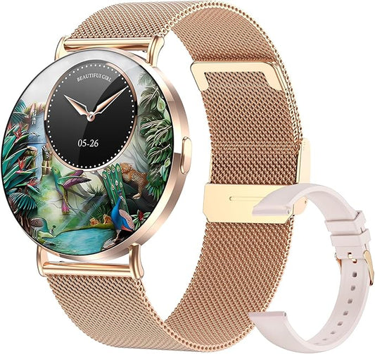 Welfit Smart Watch for Women (2 Straps),1.32-inch AMOLED Ultra Clear Screen Fitness Tracker with SpO2/heart Rate/Sleep Tracking, Suitable for iOS/Android System Waterproof smartwatch(Gold)