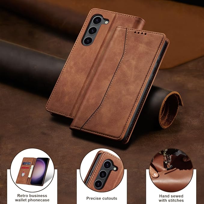 Jasonyu Flip Wallet Case for Samsung Galaxy S23 Plus/S23+ 5G,Leather Magnetic Folio Cover with Card Holder,Kickstand - TPU Shockproof Durable Protective Phone Case,Brown