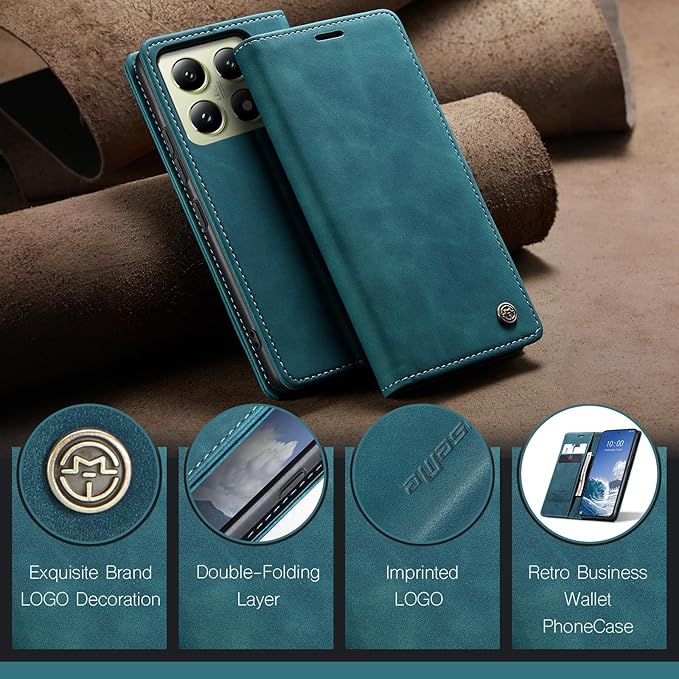 for Xiaomi 14T Case, Flip Wallet Leather Case with Card Holder Magnetic Closure Shockproof Kickstand Protective Phone Cases Cover for Xiaomi mi 14T, Blue-Green