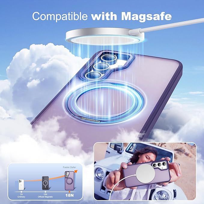 for Samsung Galaxy S24 FE Case with 360° Rotatable Magnetic Ring Stand Compatible with Mag-Safe Military Protection Shockproof Matte Translucent Phone Cases for S24 FE,Dark Purple