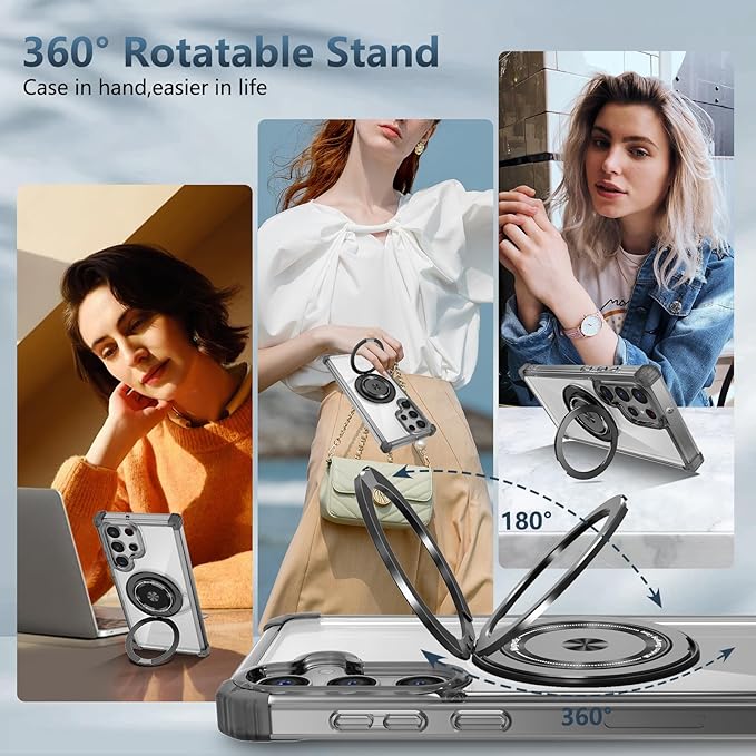 for Samsung Galaxy S25 Ultra Case Compatible with MagSafe Magnetic,with Screen Protector,with Kickstand Ring Military Grade Drop Heavy Duty Protection Shockproof for S25 Ultra Phone Case Black