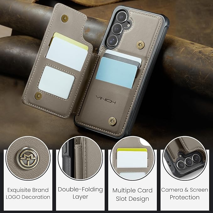 Vinich for Samsung Galaxy S24 FE Wallet Case with Card Holder, RFID Blocking Credit Slots Kickstand Shockproof Phone Cover for Women Men, Gray