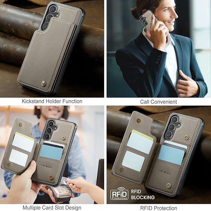 Vinich for Samsung Galaxy S25 Plus Wallet Case with Card Holder, RFID Blocking Credit Slots Kickstand Shockproof Phone Cover for Women Men, Gray