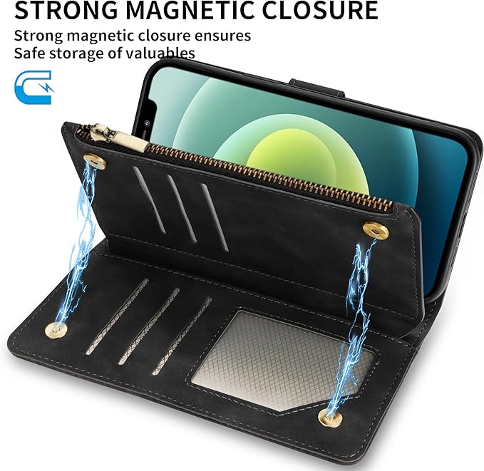 ZZXX for iPhone 12 Mini Wallet Case with Card Slot Premium Soft PU Leather Zipper Flip Folio Wallet with Wrist Strap Kickstand Protective for iPhone 12 Mini Case Wallet(Black 5.4 inch)