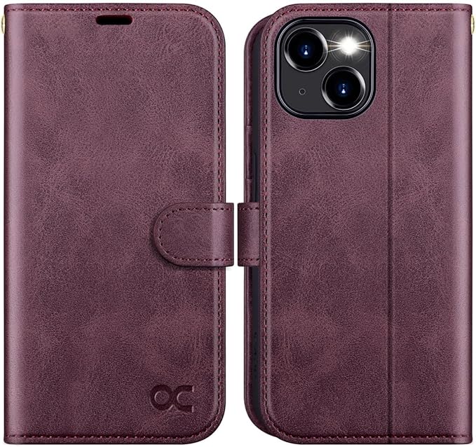 OCASE Compatible with iPhone 15 Wallet Case, PU Leather Flip Folio Case with Card Holders RFID Blocking Kickstand [Shockproof TPU Inner Shell] Phone Cover 6.1 Inch 2023, Mulberry