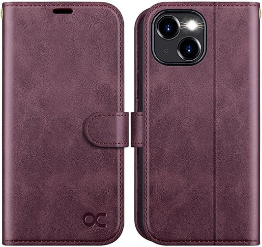 OCASE Compatible with iPhone 15 Wallet Case, PU Leather Flip Folio Case with Card Holders RFID Blocking Kickstand [Shockproof TPU Inner Shell] Phone Cover 6.1 Inch 2023, Mulberry