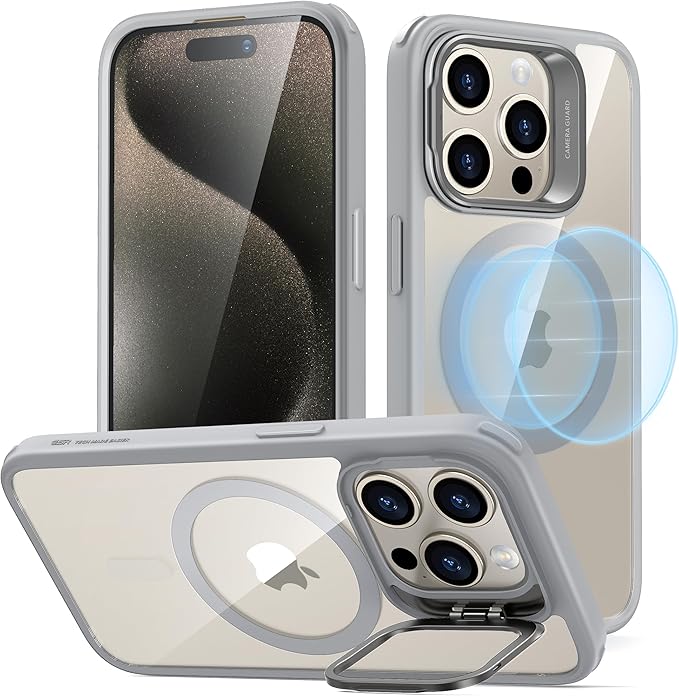 ESR for iPhone 15 Pro Case, Compatible with MagSafe, Military-Grade Protective Case, Built-in Stash Stand Phone Case, Scratch-Resistant Back Cover, Classic Series, Clear Grey