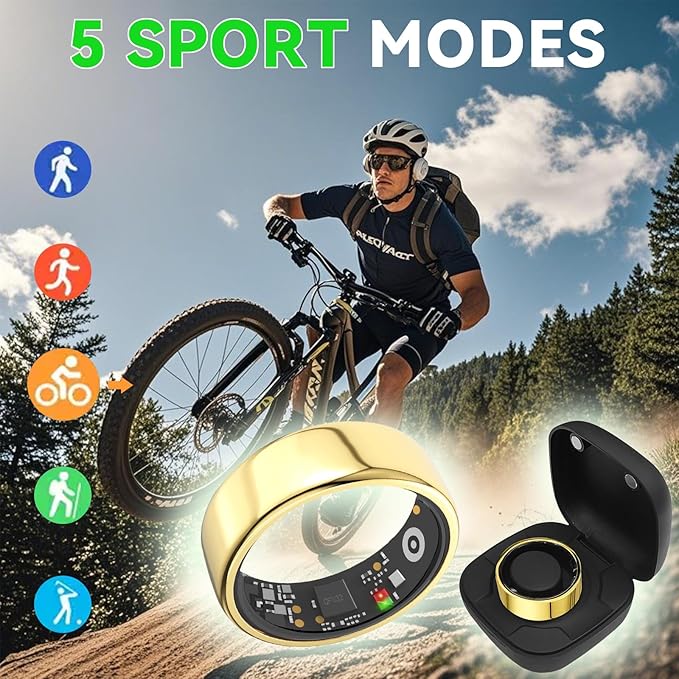 Smart Ring for Women Men with a Black Charging Box,Bluetooth Connection,Health Ring,IP68 Waterproof, Fitness Ring Tracks Heart Rate/Sleep/Steps/Sports Activities/Blood Oxygen(Gold 13)