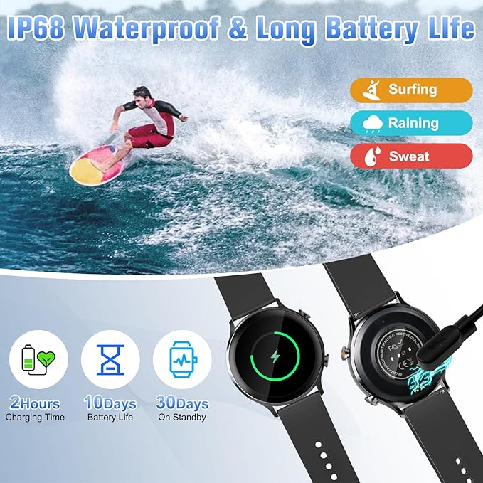 Smart Watch 2025 Upgraded, 1.39" HD Fitness Watch for Men/Women, IP68 Waterproof Watch with Heart Rate/Blood Oxygen/ Sleep Monitor 110+ Sports Modes, Long-Lasting Battery Compatible with Android/iOS