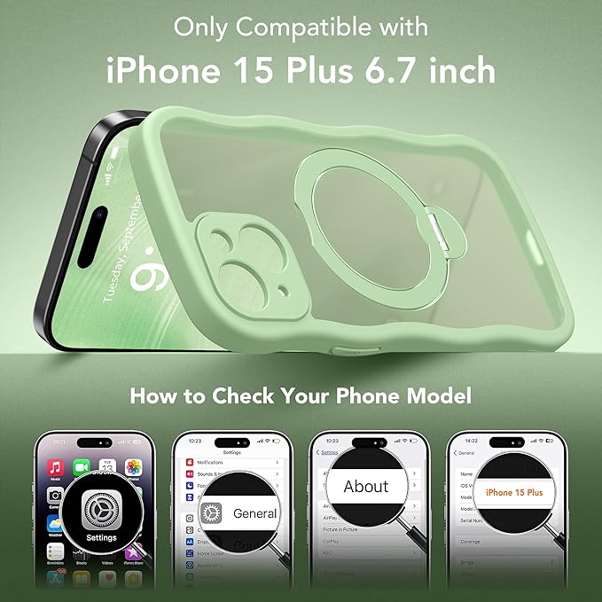 GolbinBox for iPhone 15 Plus Case for Women,[Compatible with Magsafe][360° Spin Magnetic Stand][Cute Wave Edge][Military-Grade Protection] Translucent Matte Phone Case for iPhone 15 Plus, Mint Green